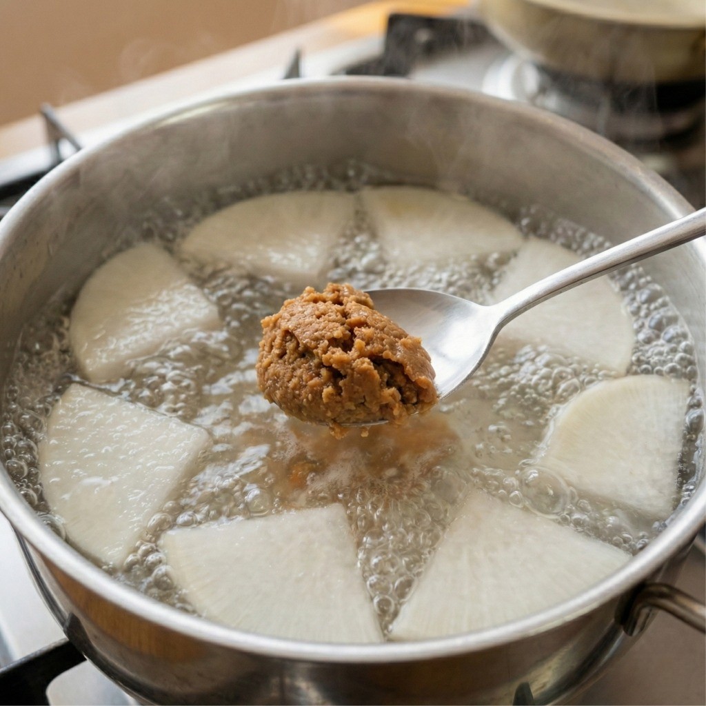 꽃게탕 육수 만들기 - 쌀뜨물에 무를 넣고 재래식 된장 푸는 모습