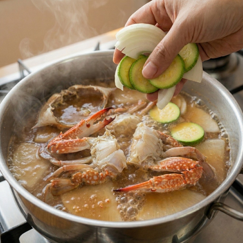 꽃게 해장국 끓이기 - 된장 육수에 손질한 꽃게와 채소 넣기