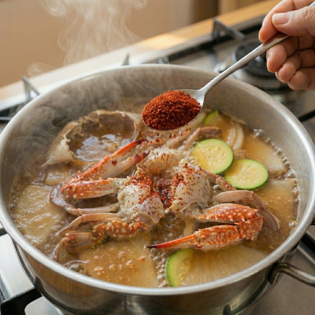 백종원 꽃게 해장국 완성 단계 - 고춧가루를 넣고 푹 끓여내는 모습