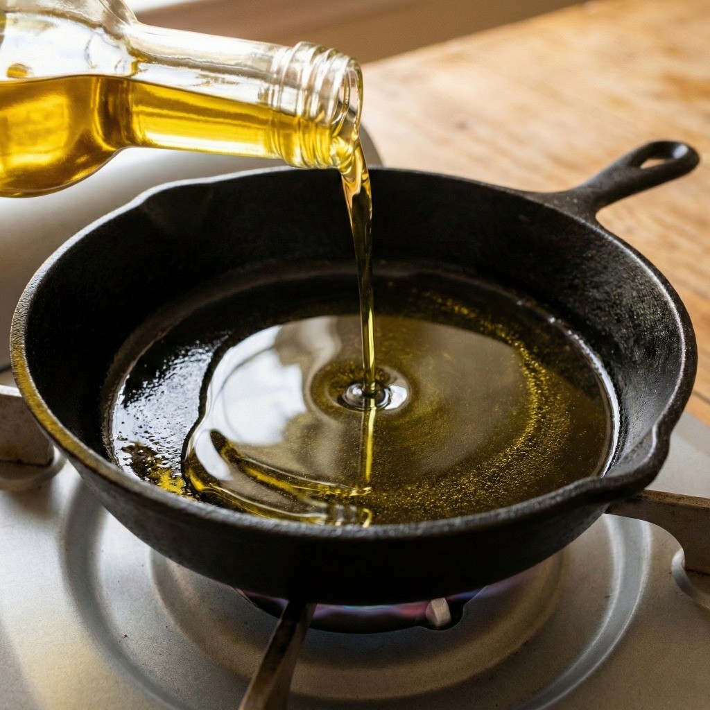 백종원 계란후라이 만들기 2단계: 충분히 달궈진 작은 후라이팬에 고소한 들기름 5큰술을 넉넉하게 붓는 모습