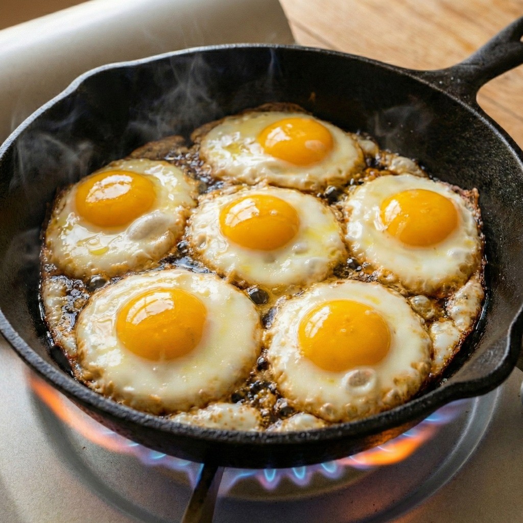 백종원 계란후라이 만들기 3단계: 들기름이 끓는 후라이팬에 계란을 넣고 바삭하게 튀기듯 굽는 모습