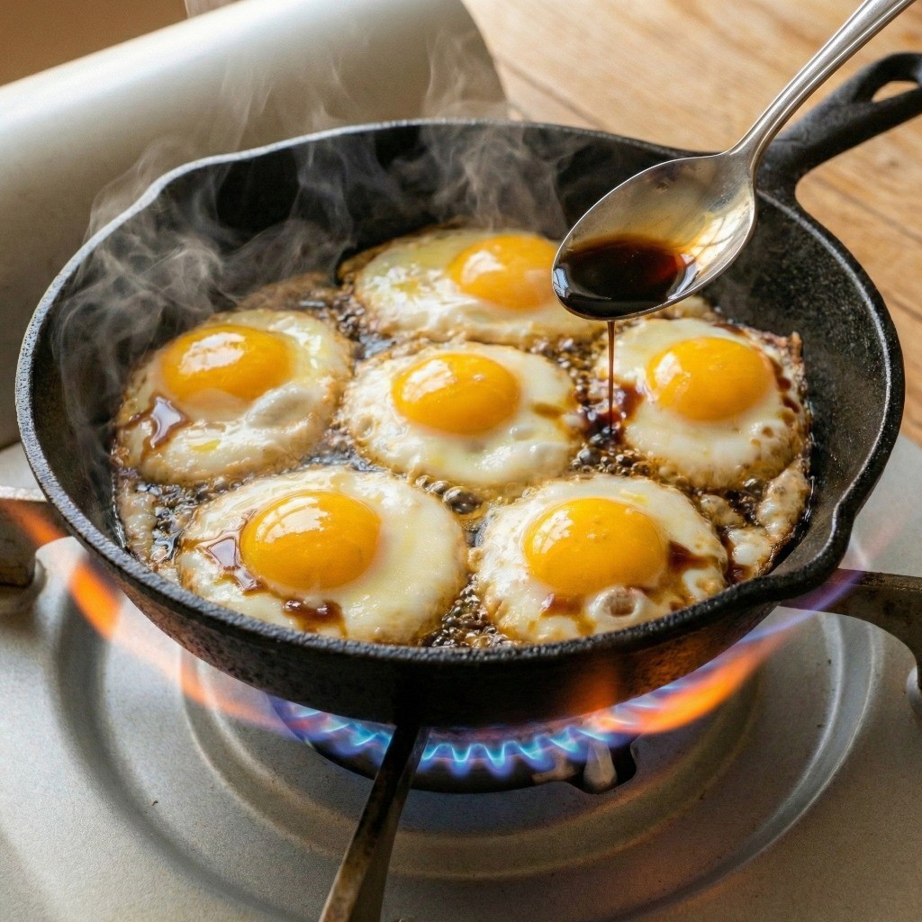 백종원 계란후라이 만들기 4단계: 감칠맛을 더하기 위해 후라이팬 가장자리로 맑은 국간장 1큰술을 둘러 넣는 모습