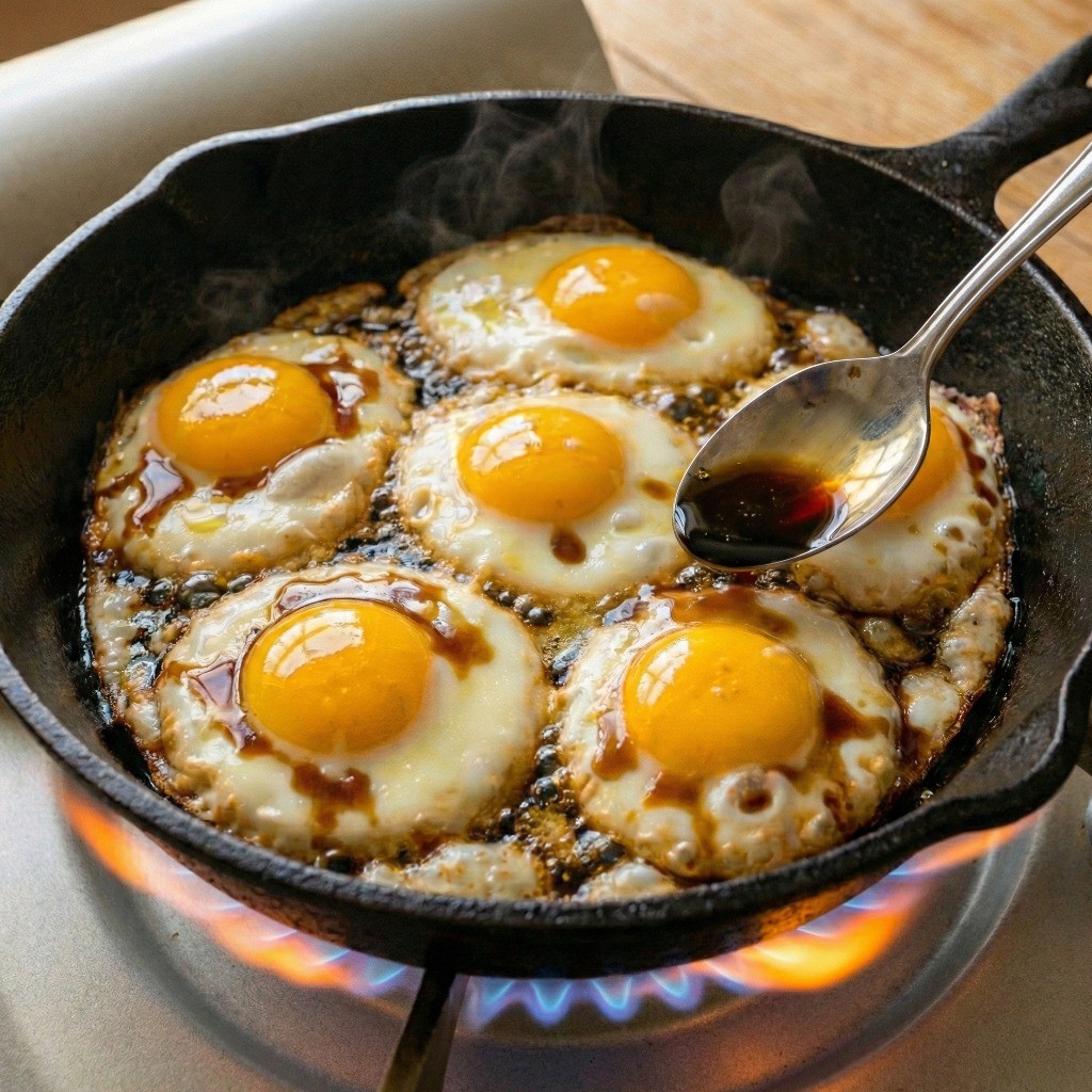 백종원 계란후라이 만들기 5단계: 완성된 들기름 국간장 소스를 계란 위에 끼얹어 윤기가 흐르는 초간단 술안주 완성 모습