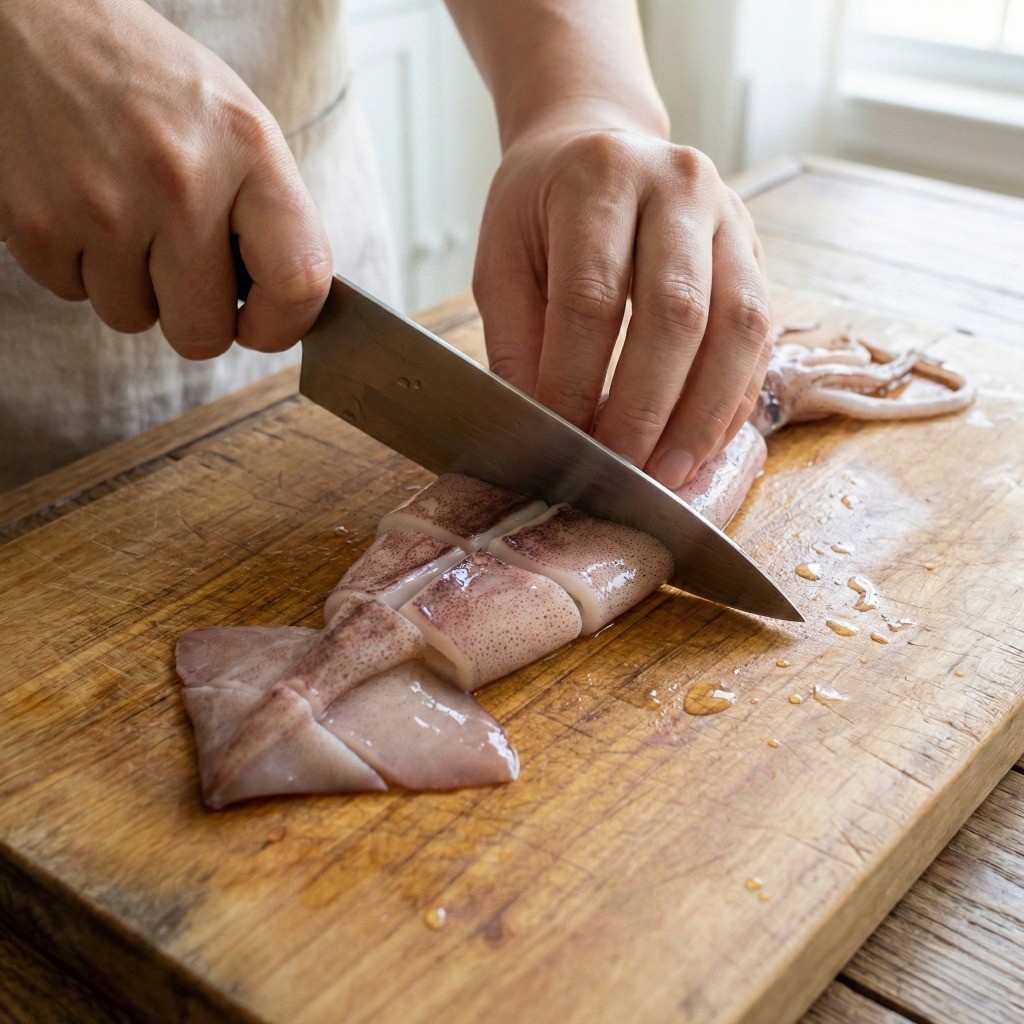 백종원 오징어무국 만들기 1단계: 감칠맛을 위해 껍질을 벗기지 않고 썬 오징어와 오징어 입 손질 과정
