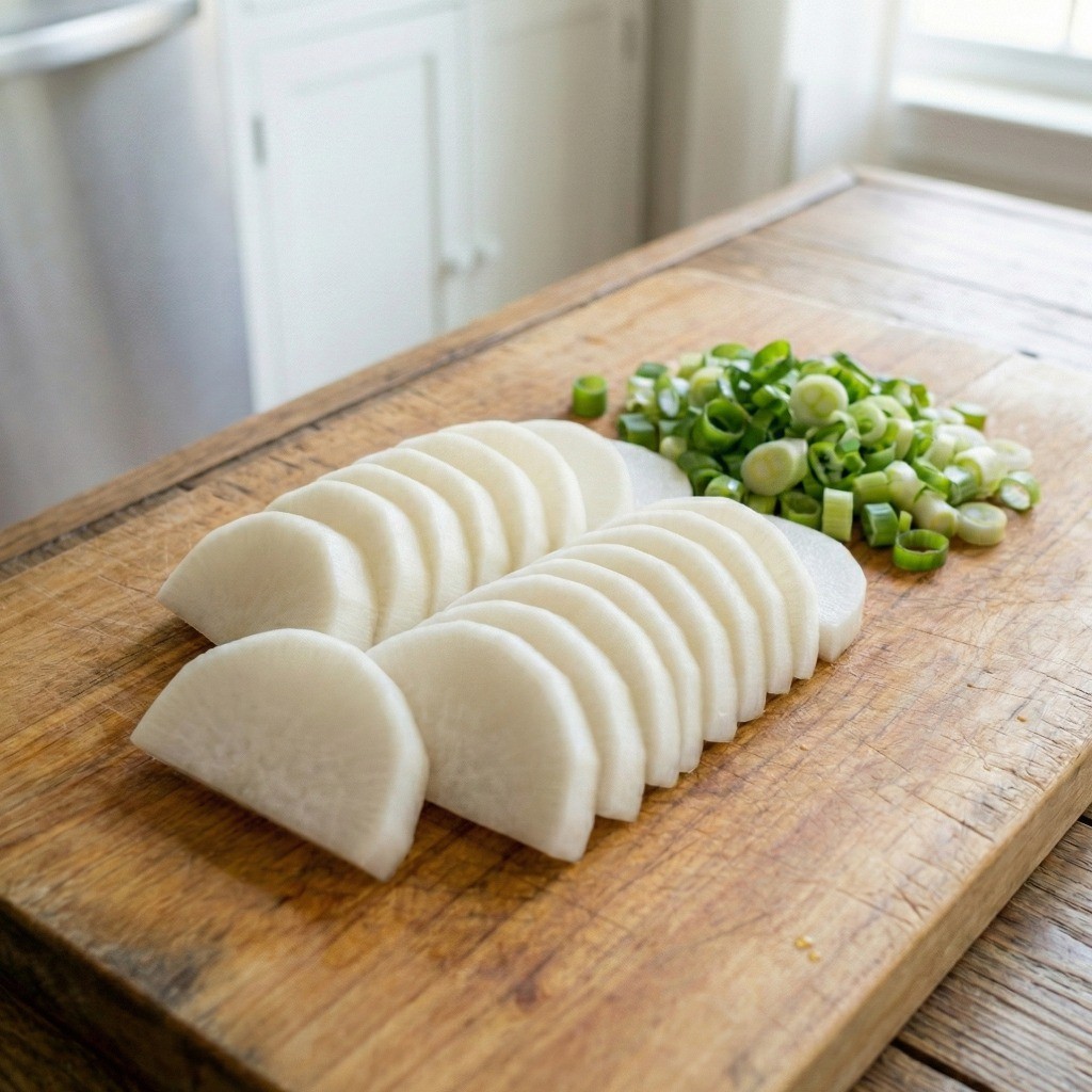 백종원 오징어무국 만들기 2단계: 국물용 무 나박썰기 및 대파 송송 썰기 재료 준비
