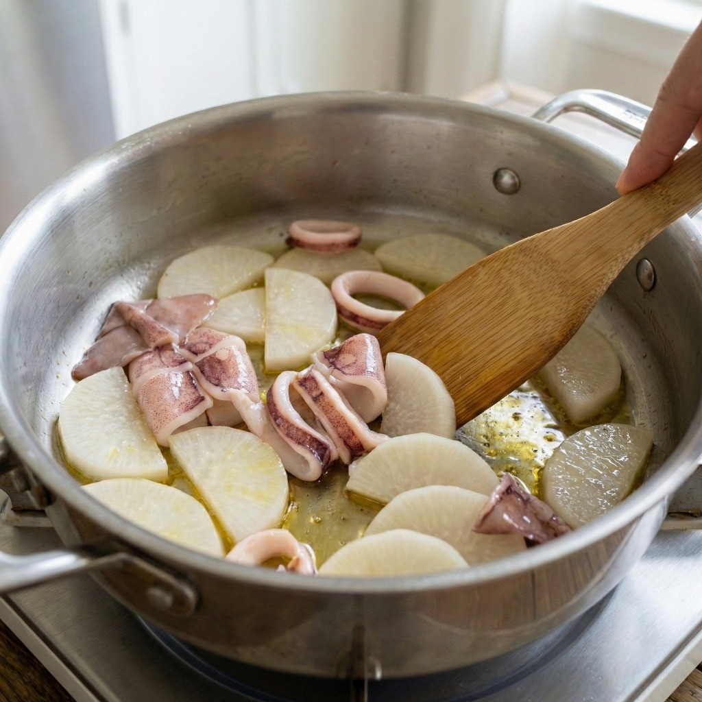 백종원 오징어무국 만들기 3단계: 들기름 한 스푼을 두르고 오징어와 무를 달달 볶는 핵심 비법