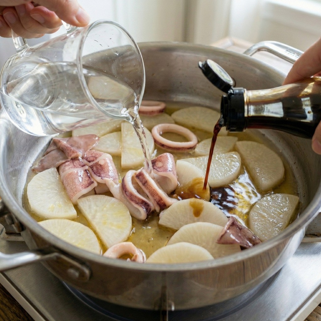 백종원 오징어무국 만들기 4단계: 물 1L를 붓고 국간장, 액젓, 다진 마늘 등 기본 양념 추가