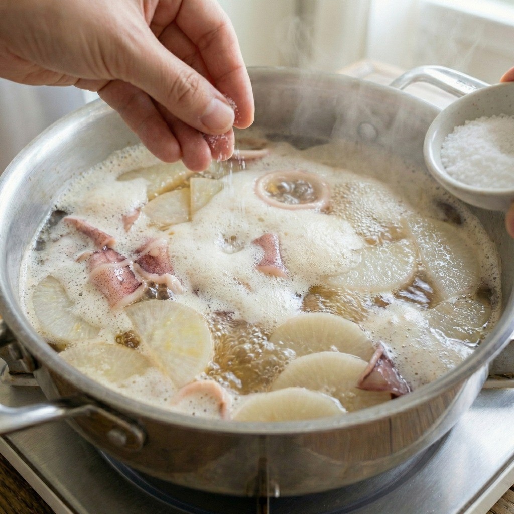백종원 오징어무국 만들기 5단계: 감칠맛 나는 거품을 걷어내지 않고 뭉근하게 끓이며 소금으로 간 맞추는 모습