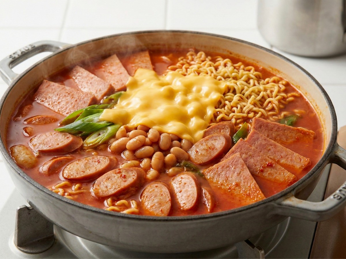 보글보글 끓고 있는 먹음직스러운 백종원 부대찌개 완성 모습