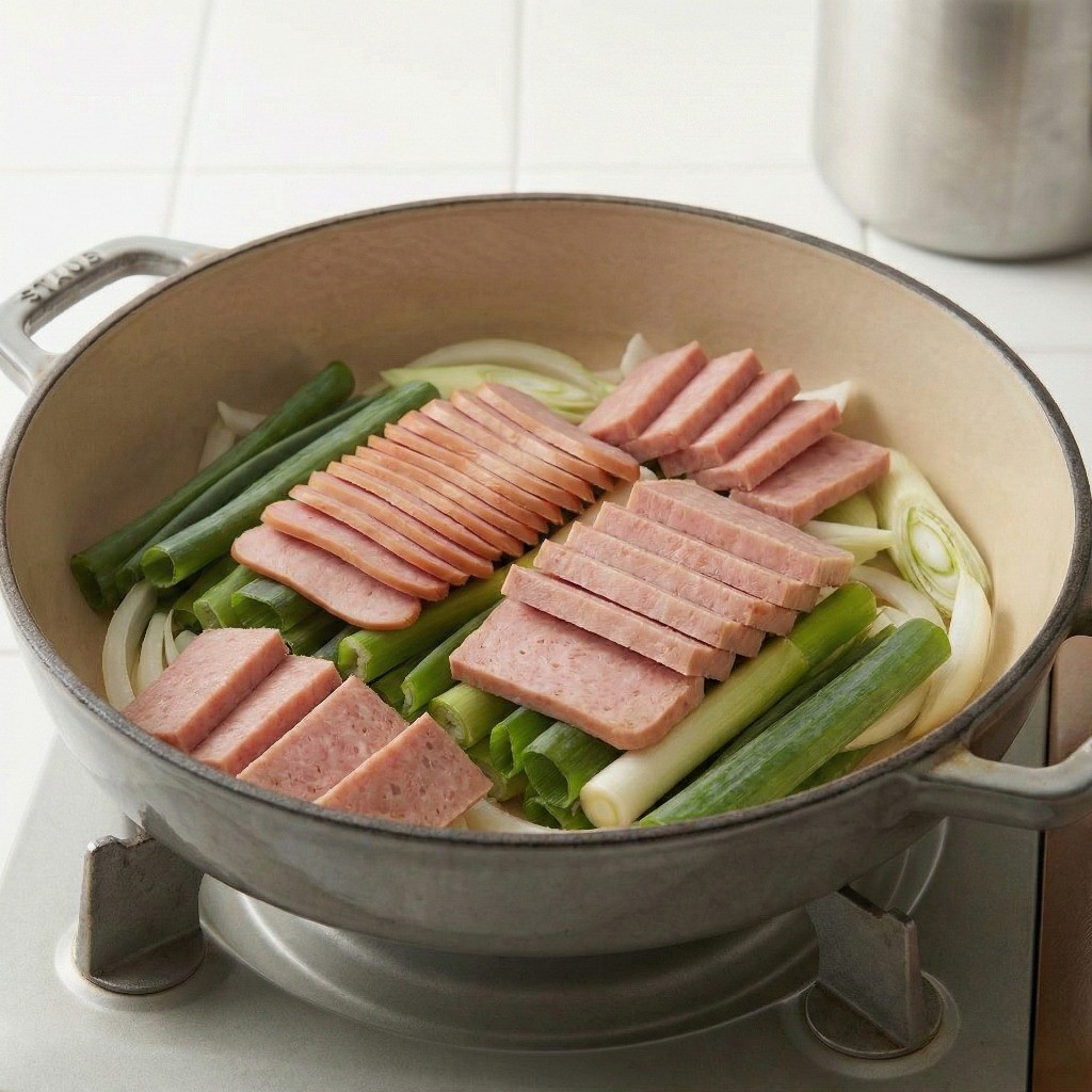 부대찌개 황금레시피 비법: 소시지와 통조림 햄을 최대한 얇게 썰어 준비하는 과정
