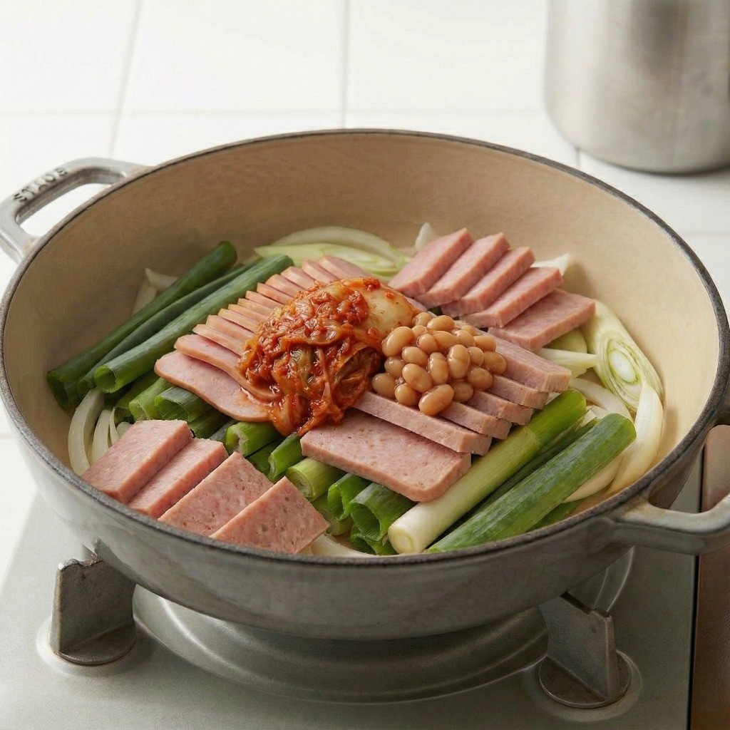 부대찌개 끓이는법: 손질된 햄 위에 신김치와 베이크드 빈스를 듬뿍 올리는 모습