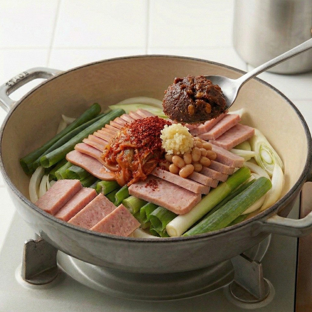 백종원 부대찌개 핵심 양념장: 다진 마늘, 고춧가루, 국간장, 재래식 된장을 넣는 모습