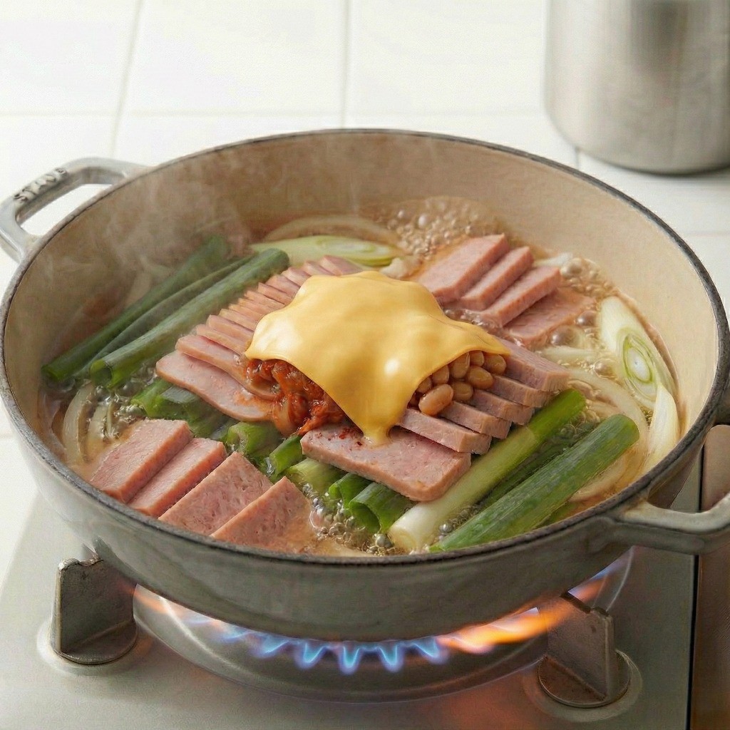 부대찌개 완성 단계: 정수물을 붓고 팔팔 끓인 후 체다 치즈를 올리는 모습