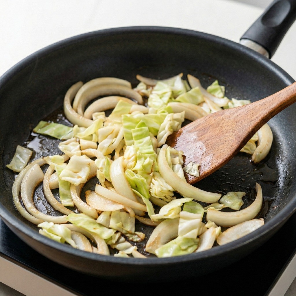 부대볶음 풍미를 살리기 위해 양파와 양배추를 프라이팬에 먼저 볶는 과정