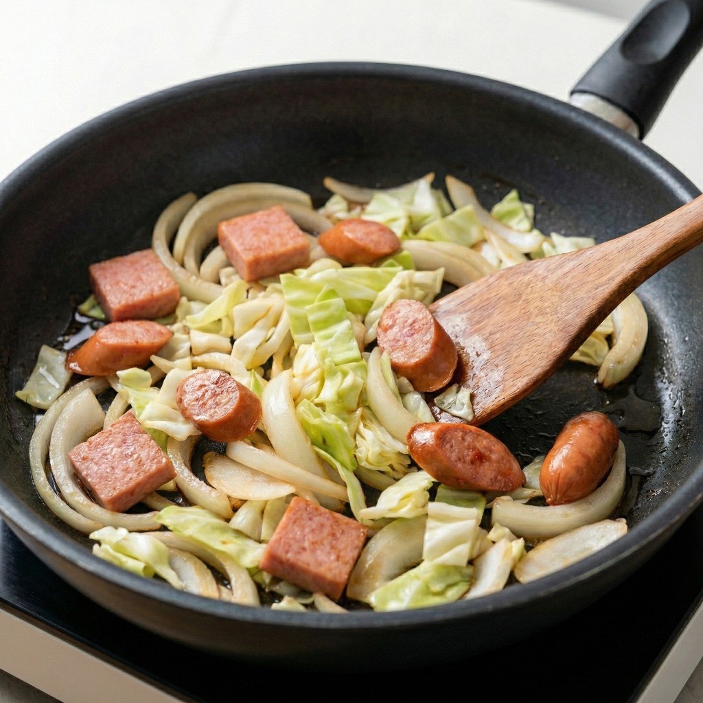 부대찌개 남은 소시지와 통조림 햄을 채소와 함께 부서지지 않게 볶는 조리 단계