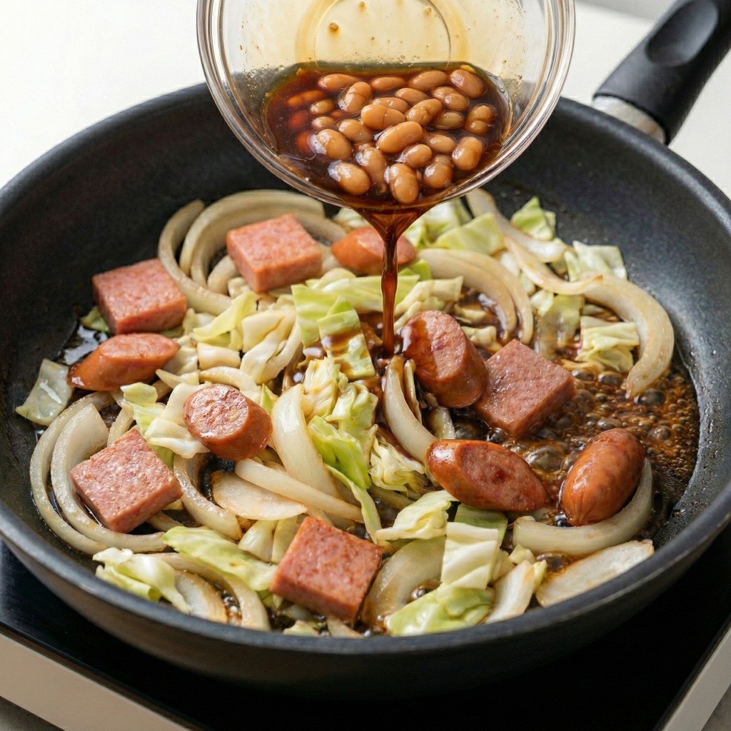 잘 볶아진 햄과 채소에 백종원 특제 양념장과 베이크드 빈스 추가하기