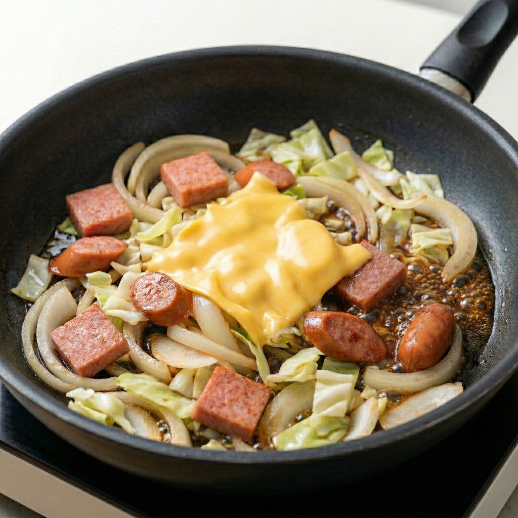 부대볶음의 고소함과 걸쭉한 농도를 더해주는 체다 슬라이스 치즈 녹이는 조리 과정