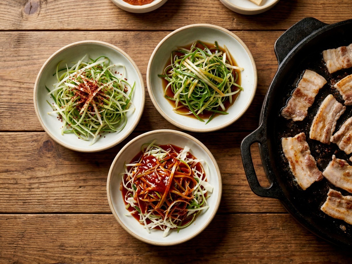 삼겹살 구이와 함께 곁들여 먹는 백종원 파무침 3종 세트(기본, 간장, 초고추장 파절이)