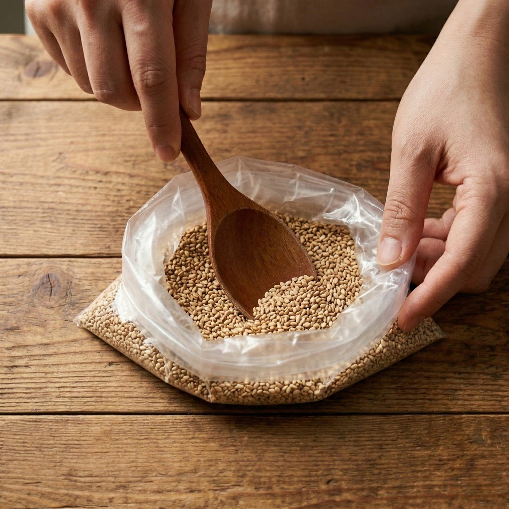 백종원 파절이 양념 비결인 볶은 통깨를 비닐봉지에 넣고 으깨어 만든 고소한 깨소금