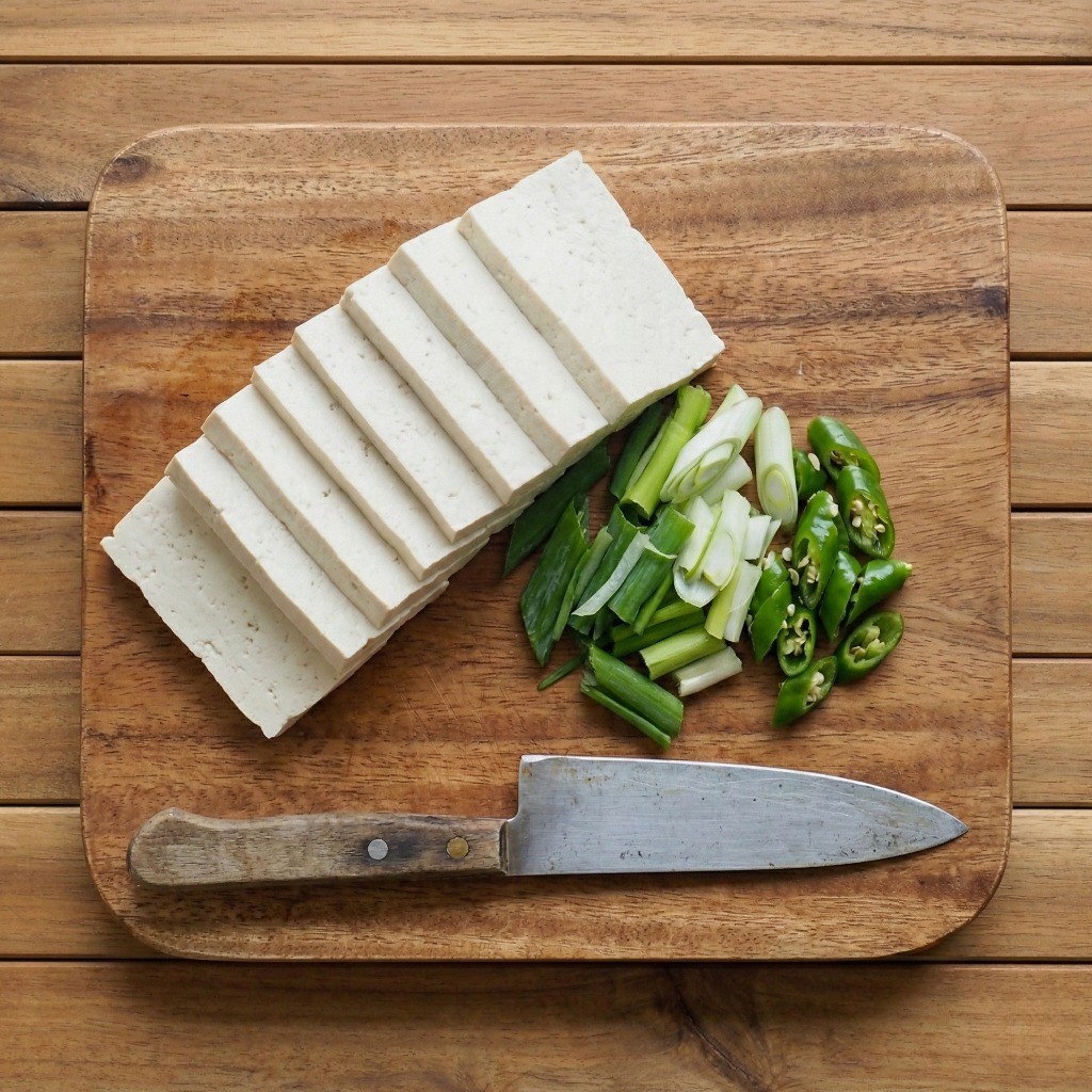 백종원 두부조림 레시피 - 얕고 넓게 썬 두부와 송송 썬 대파, 청양고추 재료 손질 모습