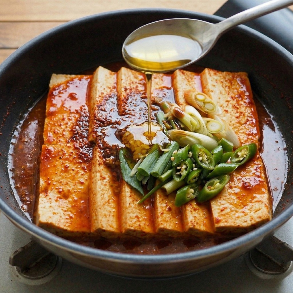 백종원 두부조림 완성 - 국물이 졸아든 두부조림에 들기름을 둘러 고소함을 더하는 마무리 단계