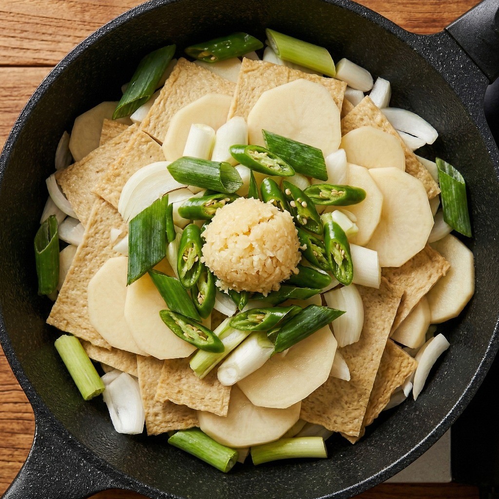 백종원 어묵 감자볶음 레시피 - 얇게 썬 감자, 어묵, 양파, 파, 고추 등 모든 재료를 프라이팬에 한 번에 넣은 모습