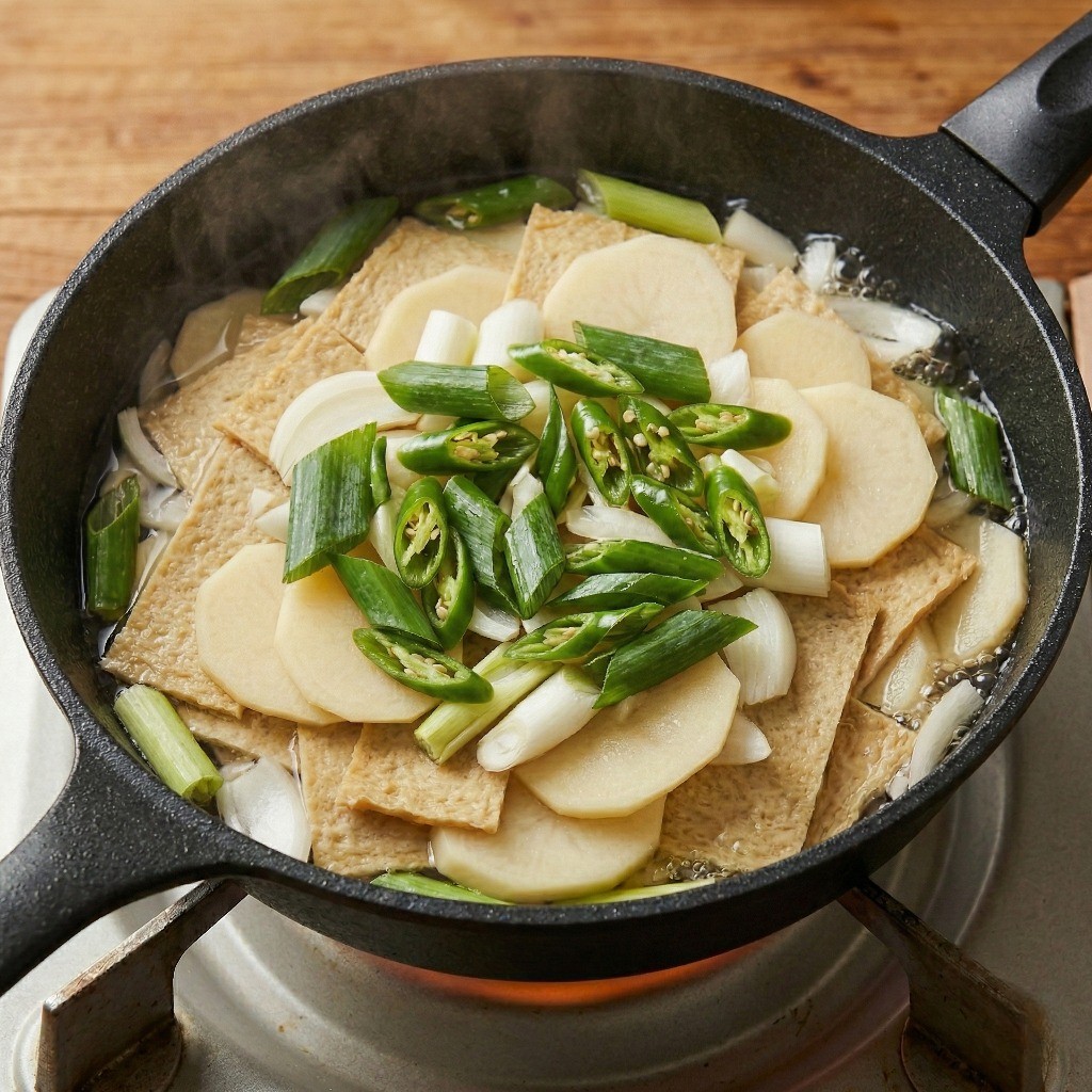 백종원 어묵 감자볶음 만들기 - 프라이팬에 담긴 재료 위에 물과 식용유를 붓고 조리듯 끓이는 과정