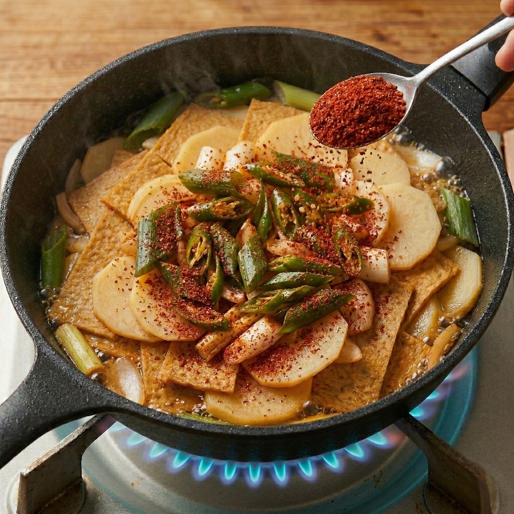 백종원 어묵 감자볶음 레시피 - 수분이 졸아들 때 고춧가루를 넣어 매콤하고 먹음직스러운 색을 입히는 모습