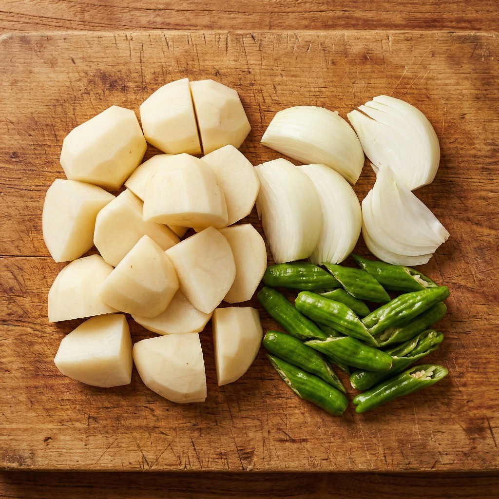 백종원 고기 감자조림 레시피 - 큼직하게 썬 감자와 양파, 꽈리고추 재료 손질 모습