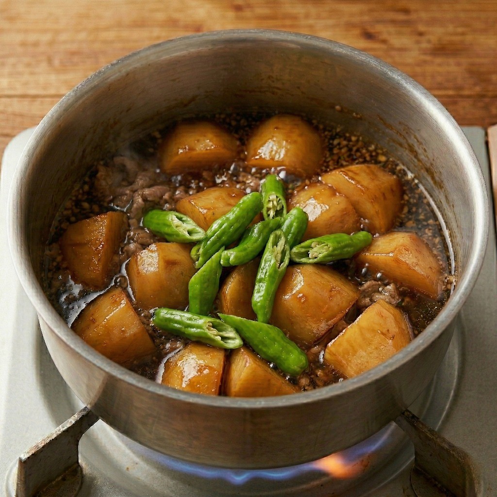 백종원 고기 감자조림 완성 - 불을 끈 후 꽈리고추를 잔뜩 넣어 잔열로 향을 입힌 완성된 감자조림