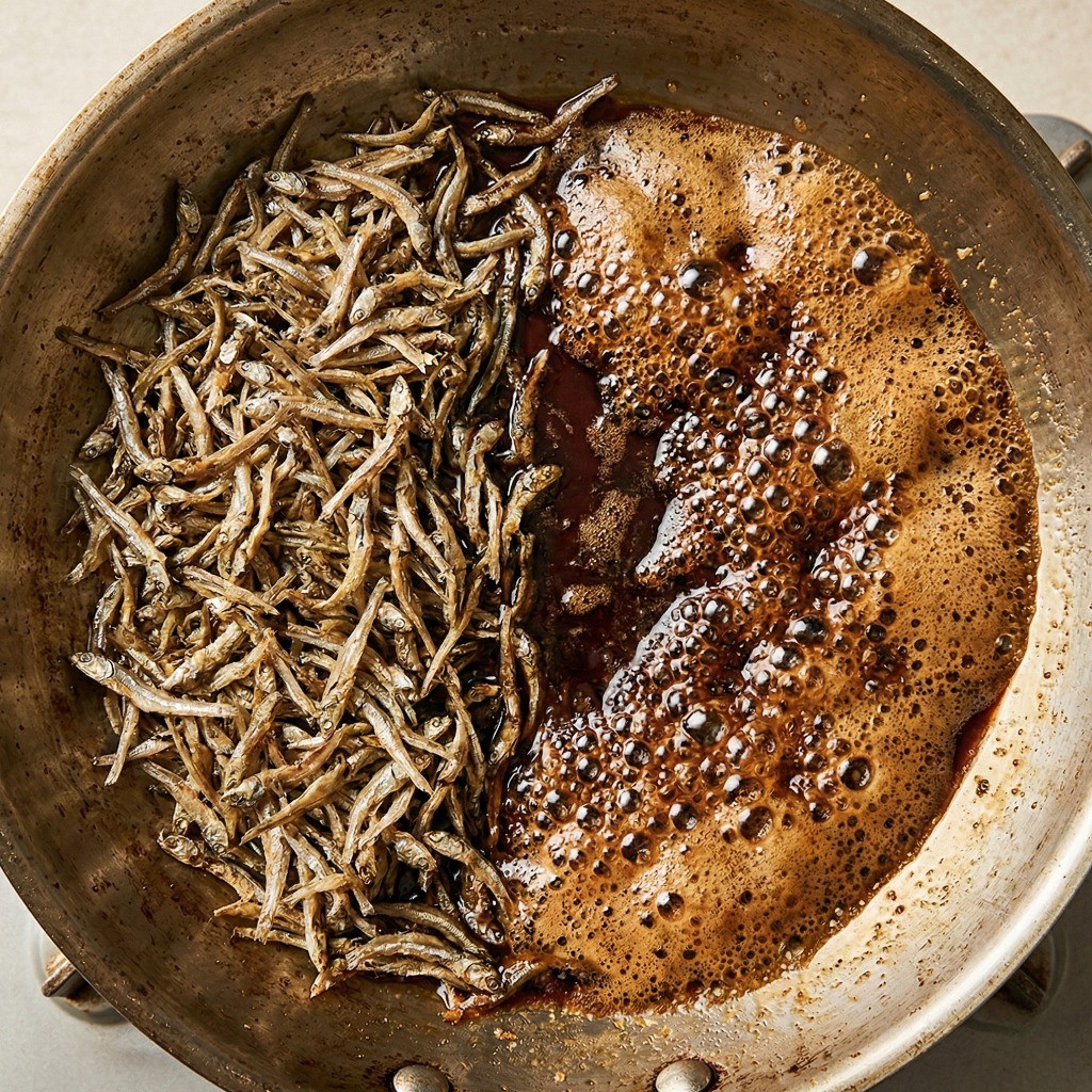 백종원 멸치볶음 만들기 - 볶은 멸치를 한쪽으로 밀어두고 빈 공간에 간장 또는 고추장 양념을 끓이는 모습