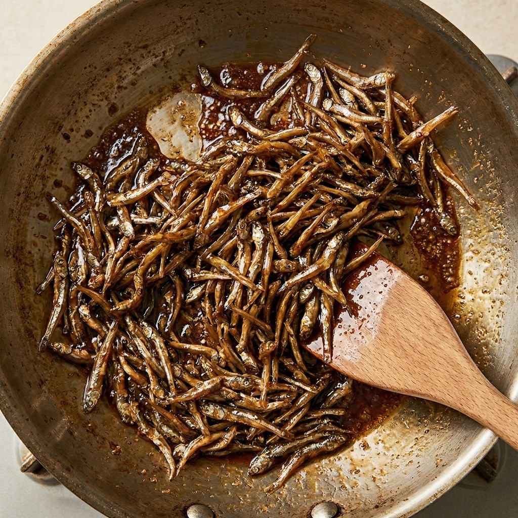 백종원 멸치볶음 레시피 - 부글부글 끓어오른 양념장과 볶은 멸치를 골고루 섞어 윤기 나게 코팅하는 과정