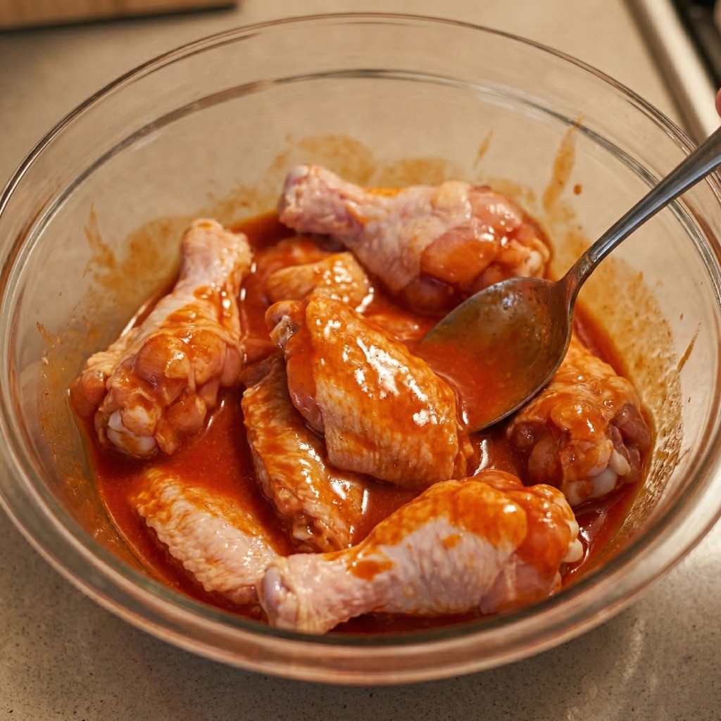 손질된 닭날개와 닭봉에 끓여 식힌 버팔로윙 양념을 골고루 버무리는 과정
