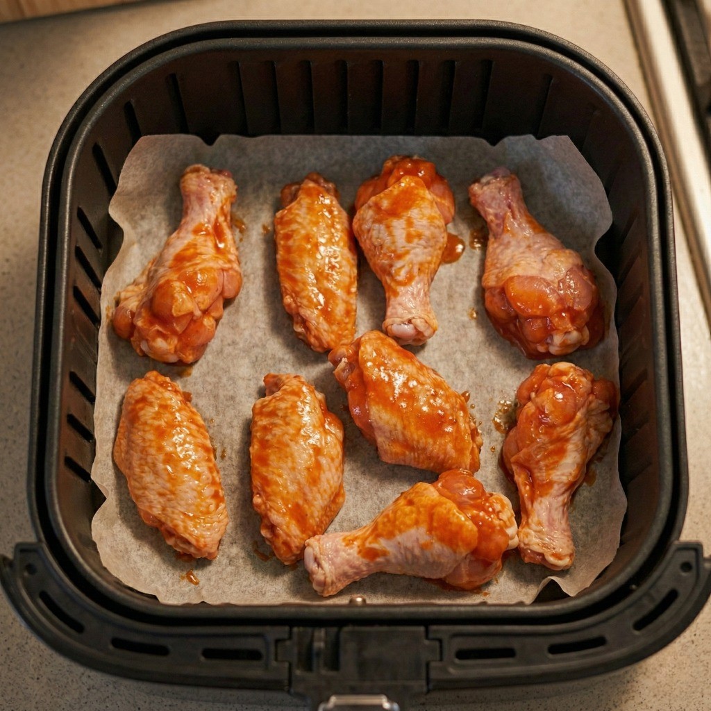 양념이 밴 닭날개를 에어프라이어 종이 호일 위에 올려 180도에서 1차로 굽는 모습