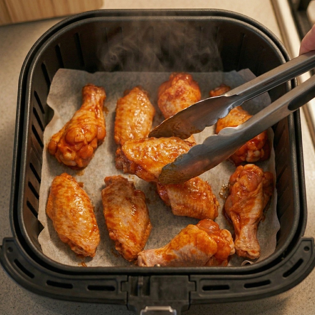 1차 조리된 에어프라이어 닭날개구이를 뒤집어 노릇하게 2차로 굽는 과정
