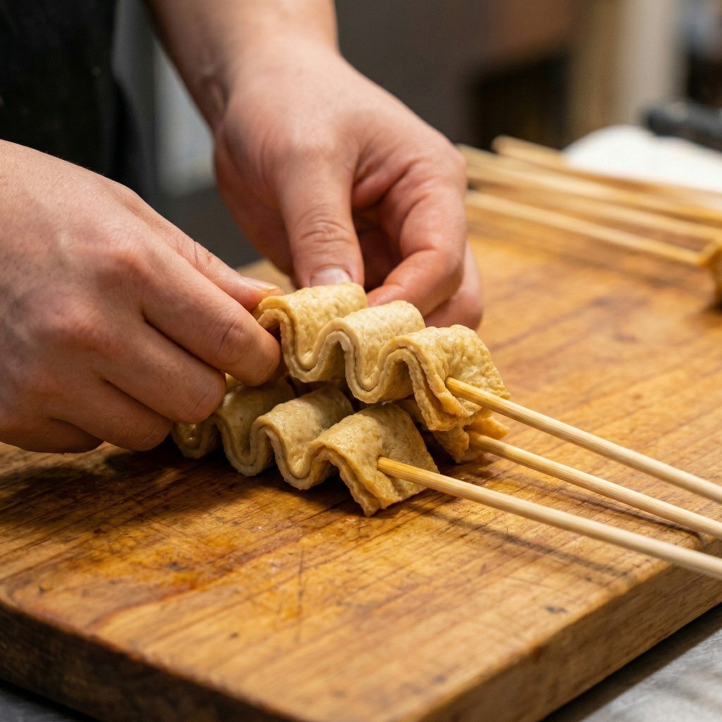 백종원 빨간어묵 만들기 1단계: 얇은 사각 어묵을 4번 지그재그로 접어 나무 꼬치에 꽂는 준비 과정