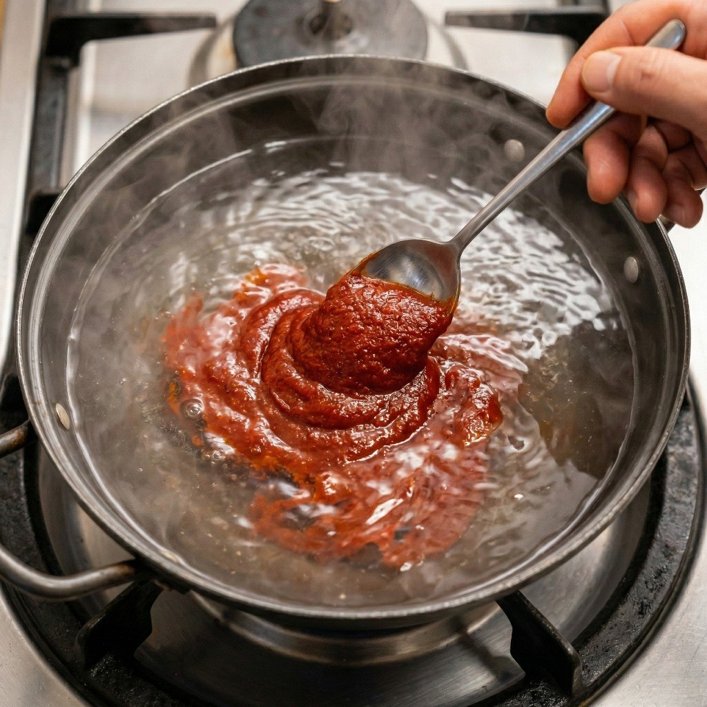 빨간어묵 황금레시피 국물 만들기 2단계: 냄비에 물과 설탕, 진간장, 고추장을 넣고 매콤한 양념 베이스를 푸는 모습