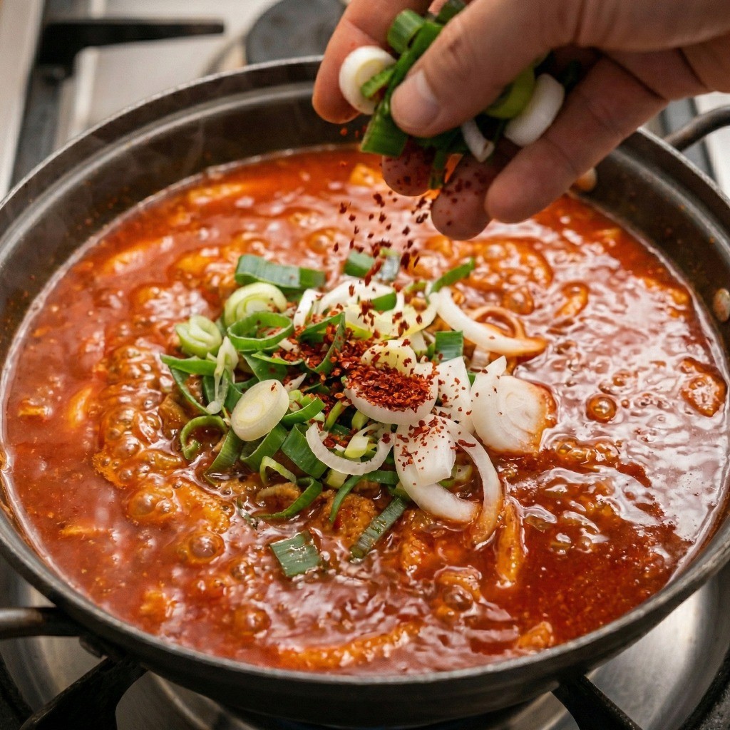 매운어묵 국물 내기 3단계: 고춧가루로 색을 내고 대파, 양파, 청양고추를 듬뿍 넣어 시원한 채수를 끓이는 과정