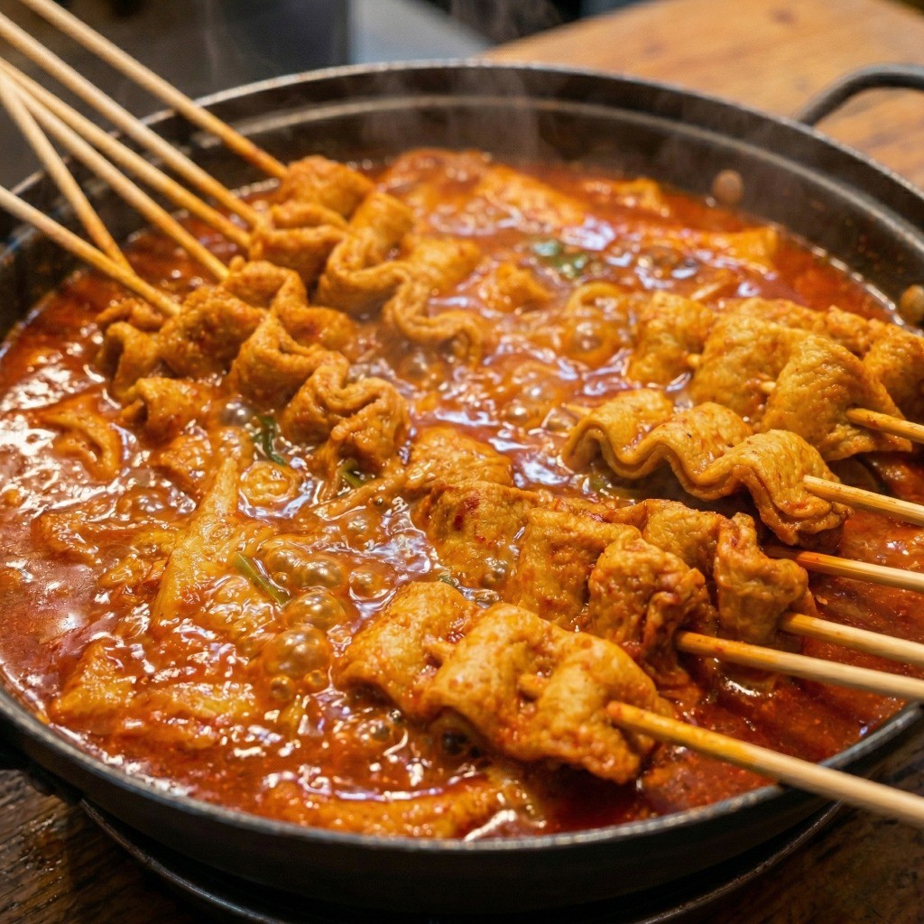 백종원 빨간어묵 조리 4단계: 얼큰하게 끓는 양념 국물에 꼬치 어묵을 넣고 국물이 배어들도록 졸이는 모습