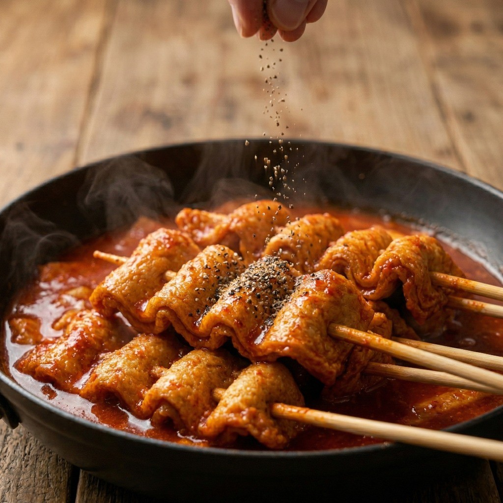 포장마차 빨간어묵 완성 단계: 불을 끄고 감칠맛을 더해줄 후춧가루를 살짝 뿌려 마무리하는 모습
