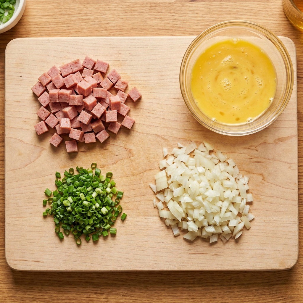 볶음밥 재료 준비: 깍둑썰기한 통조림햄과 잘게 다진 대파, 양파