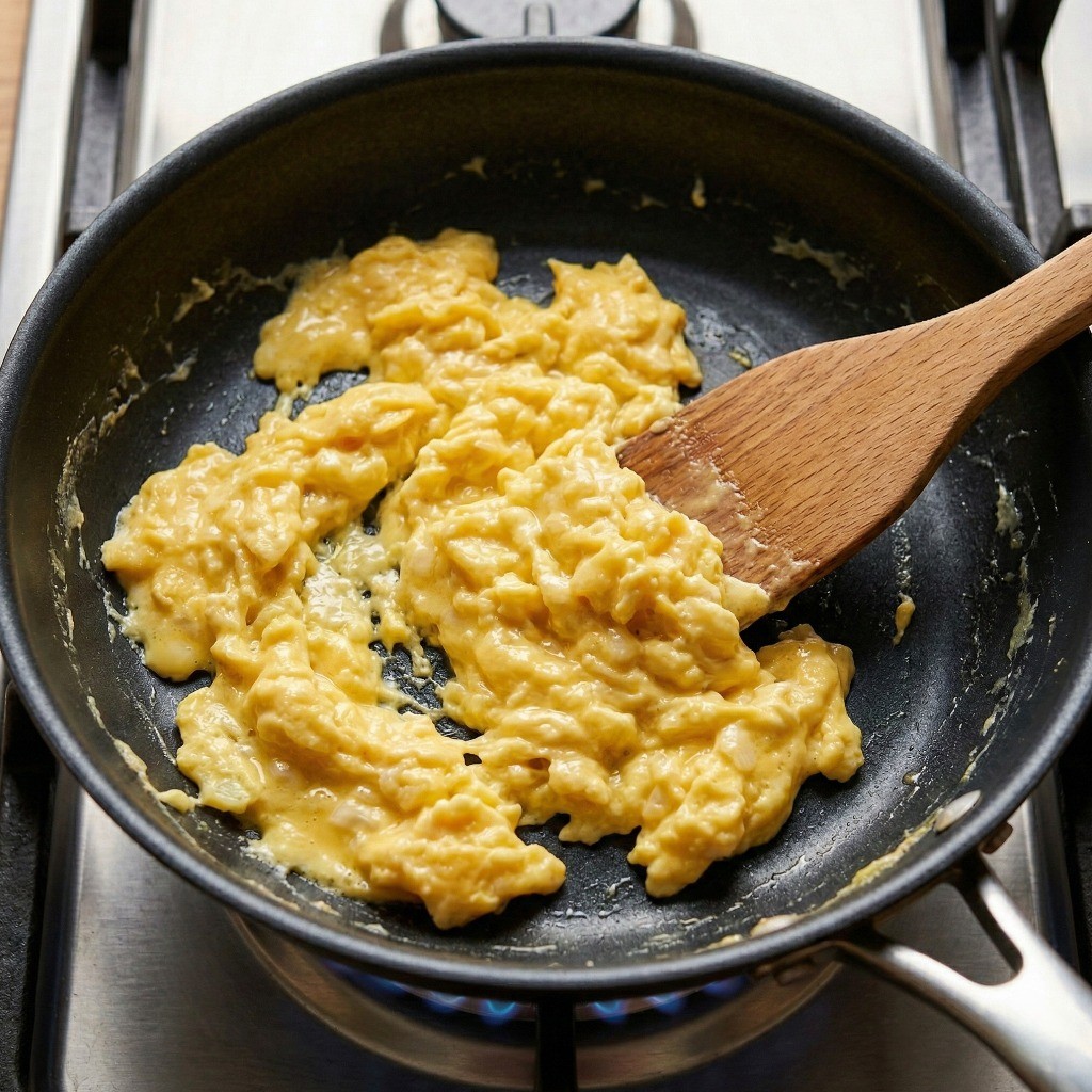 계란 볶음밥용으로 프라이팬에 부드럽게 조리한 스크램블 에그