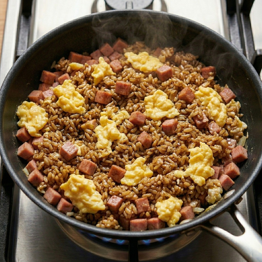 스크램블 에그를 섞어 완성한 고소하고 담백한 기본 통조림햄 계란 볶음밥