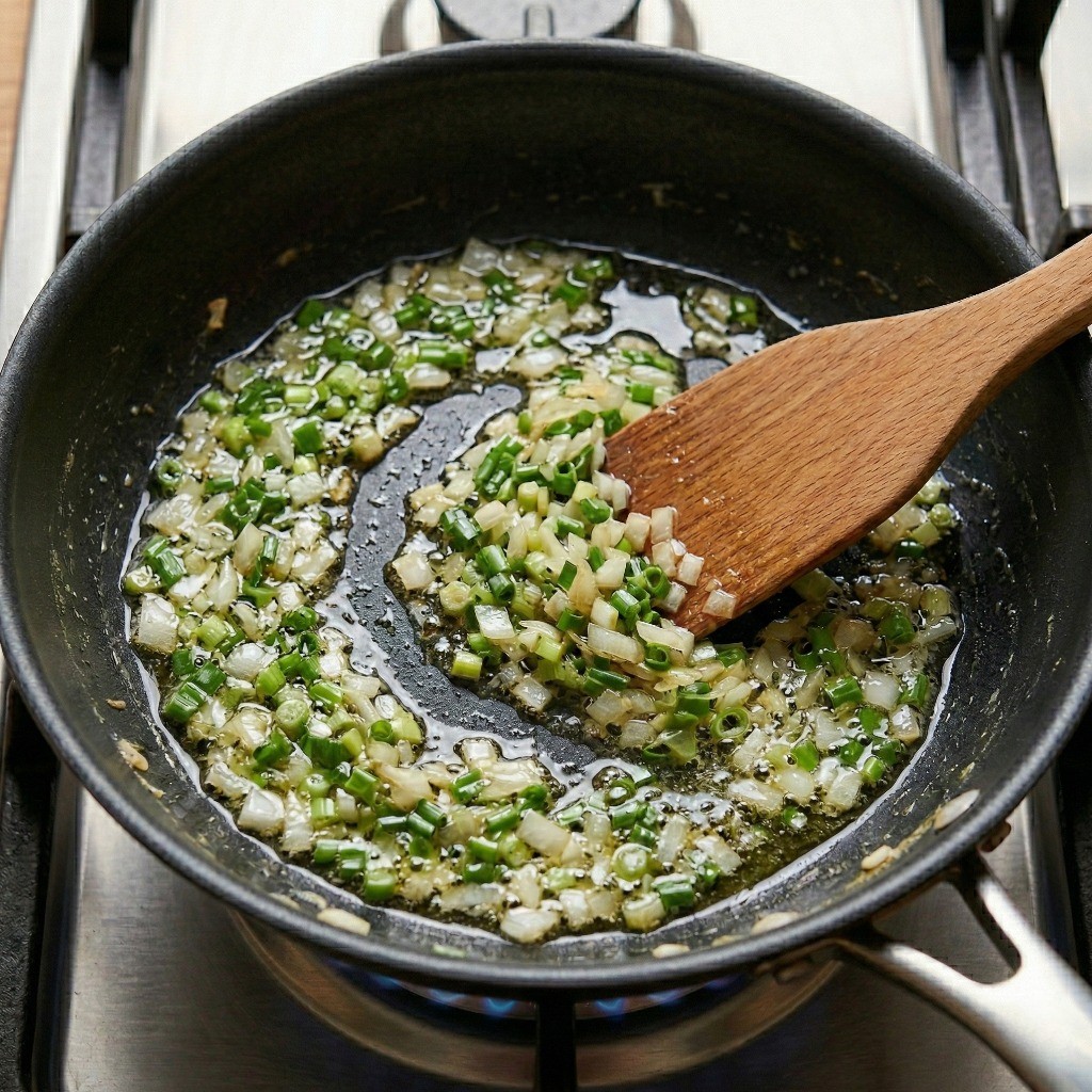 중화풍 볶음밥의 풍미를 높이기 위해 프라이팬에 대파와 양파를 볶아 파기름을 내는 모습