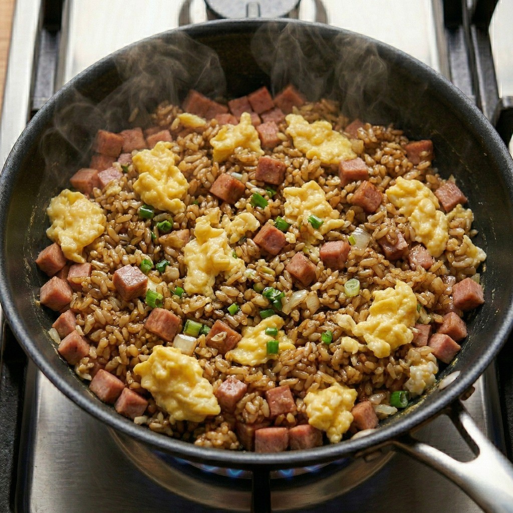 파기름과 노두유 코팅으로 완벽한 불맛을 자랑하는 응용 버전 중화풍 햄 볶음밥