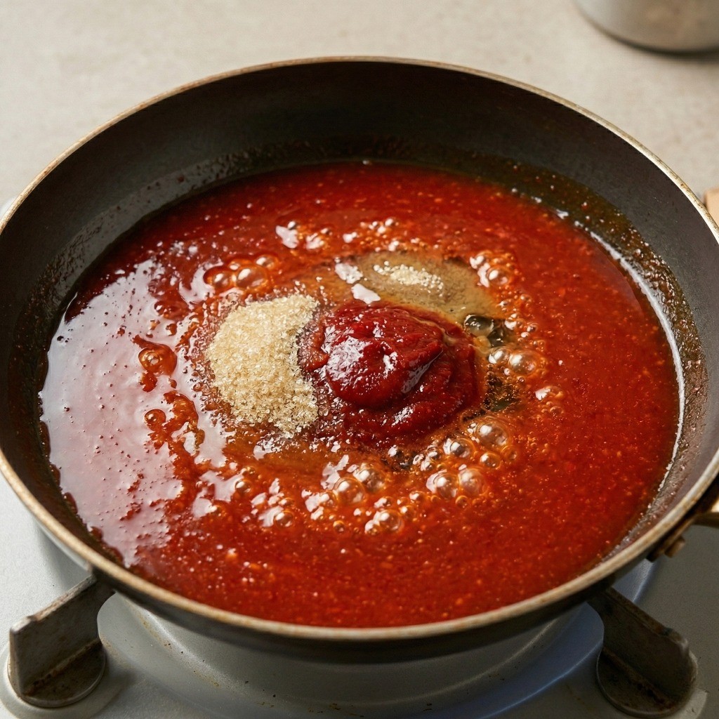 백종원 가래떡 떡볶이 양념장 만들기 - 프라이팬에 고추장, 물엿, 설탕을 넣고 끓이는 과정