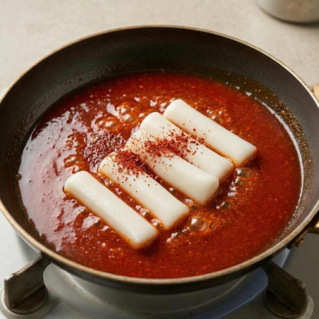 통 가래떡 떡볶이 6분 조리 과정 - 끓는 양념장에 두툼한 가래떡 4개와 고춧가루를 넣고 졸이는 모습