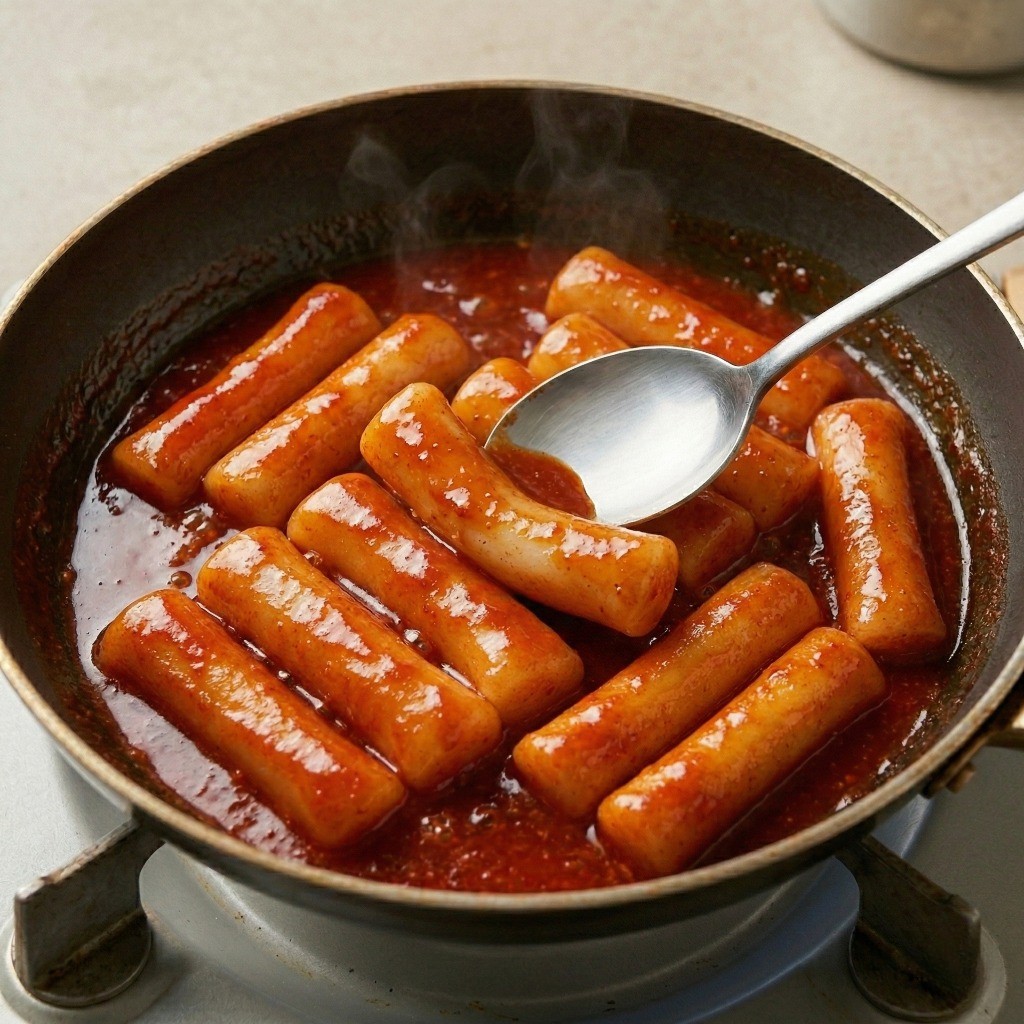 포장마차 스타일 가래떡 떡볶이 - 국물이 걸쭉하게 졸아들어 떡에 양념이 쫀득하게 밴 상태 확인하기