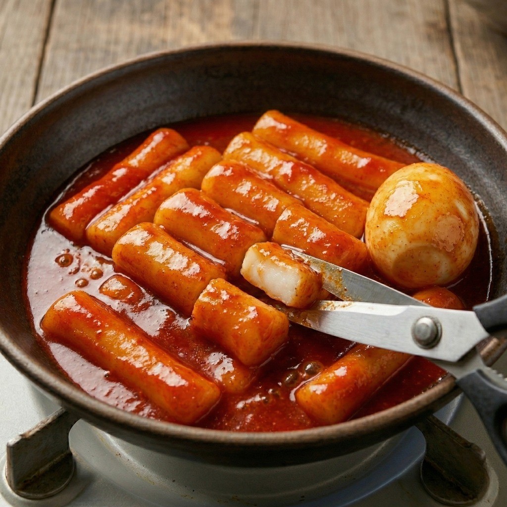 완성된 초간단 백종원 가래떡 떡볶이 - 먹기 좋게 자른 쫀득한 떡과 매콤달콤한 국물에 버무린 삶은 달걀