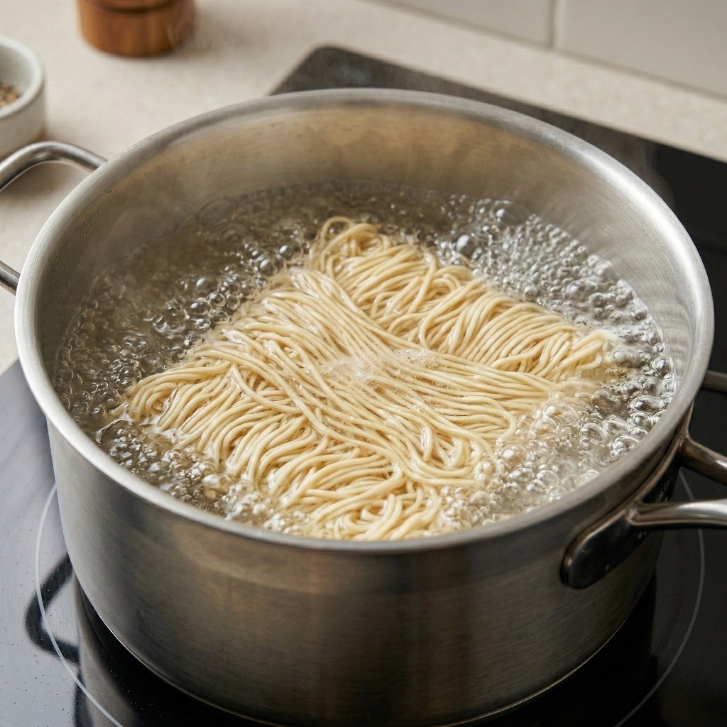 백종원 라면볶음 1단계: 냄비 끓는 물에 얇은 라면 면발을 살짝 데치는 과정